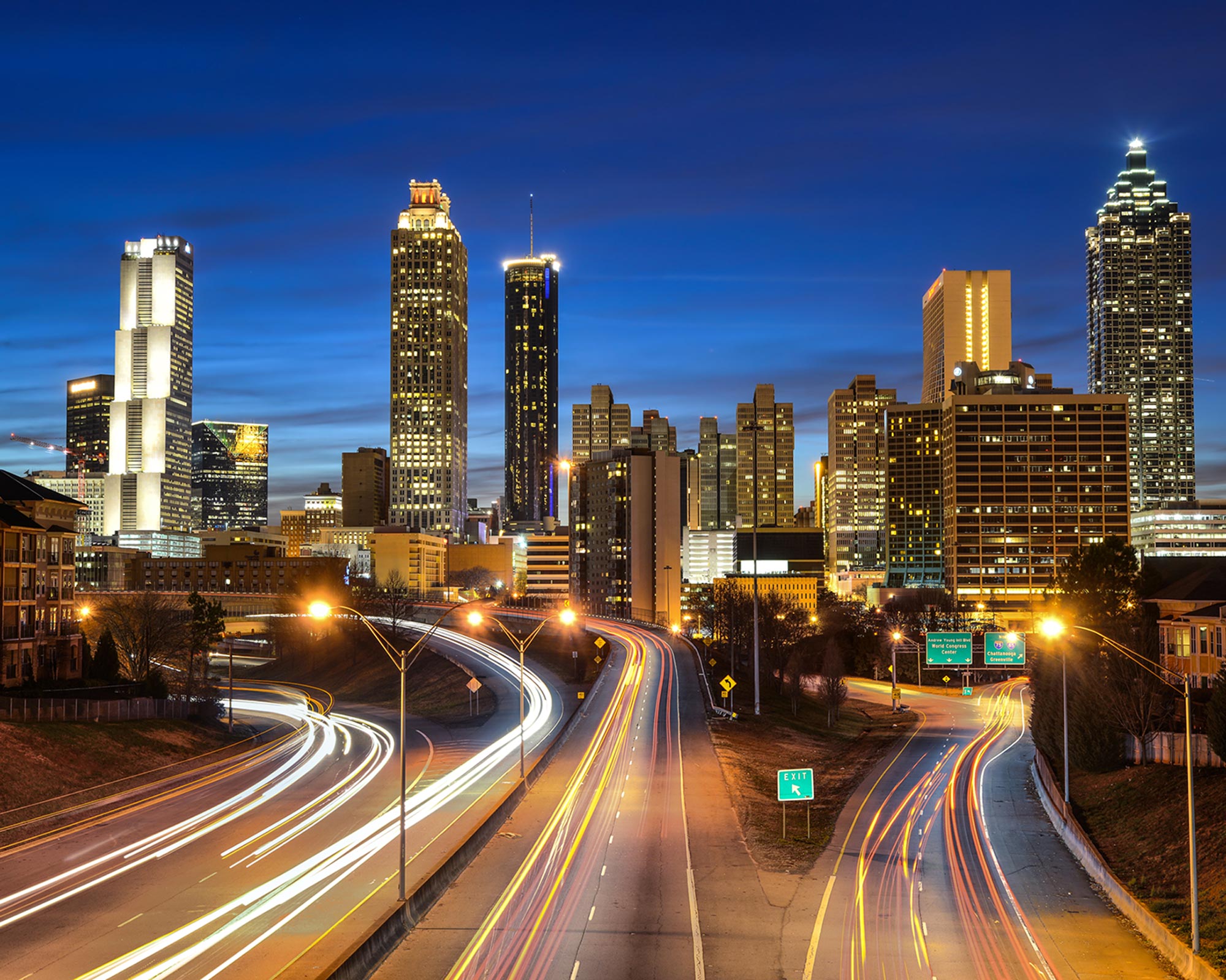 Atlanta skyline and traffic at dusk